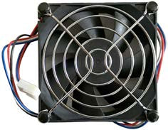 The image shows a DC cooling fan, likely for use in computers or other electronic equipment