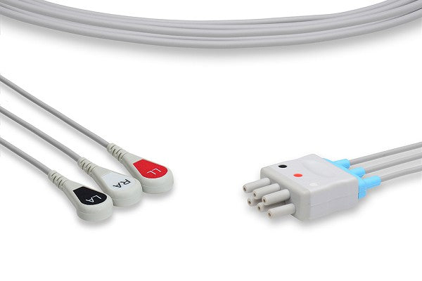 The image displays a 3-lead ECG leadwire set, used for connecting a patient to an electrocardiogram (ECG) monitoring device.