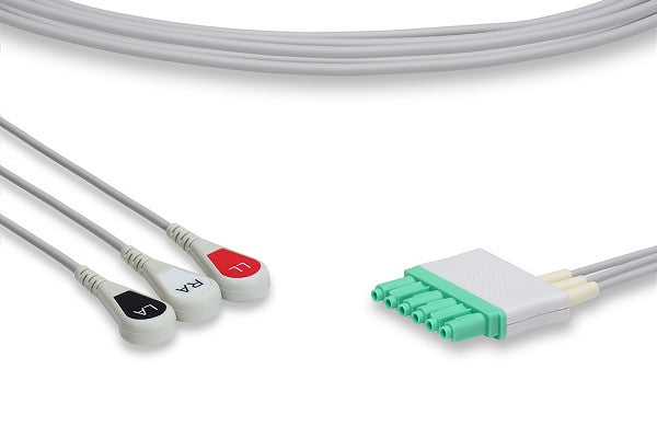 The image displays a 3-lead ECG leadwire set, used for connecting a patient to an electrocardiogram (ECG) monitoring device.