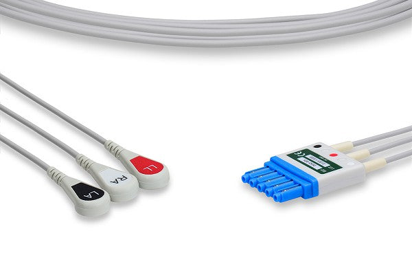 The image displays a 3-lead ECG leadwire set, used for connecting a patient to an electrocardiogram (ECG) monitoring device.
