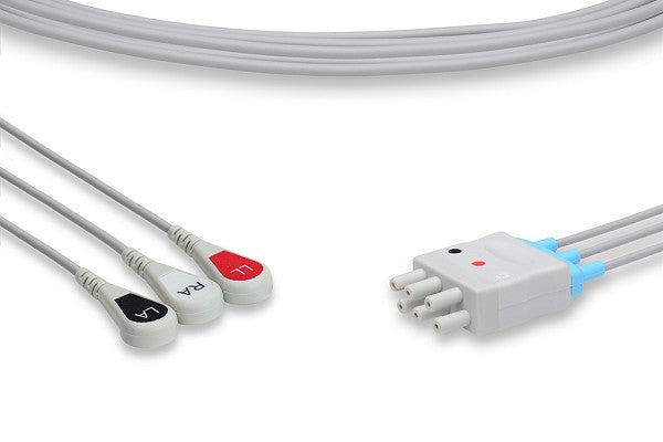 The image displays a 3-lead ECG leadwire set, used for connecting a patient to an electrocardiogram (ECG) monitoring device.