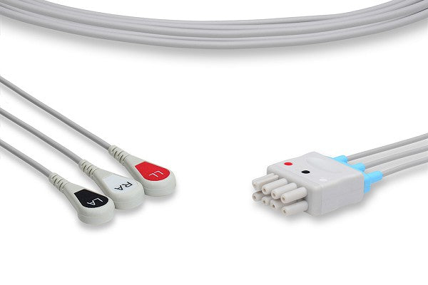 The image displays a 3-lead ECG leadwire set, used for connecting a patient to an electrocardiogram (ECG) monitoring device.
