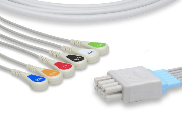 The image shows a set of Spacelabs compatible 5-lead snap ECG leadwires.