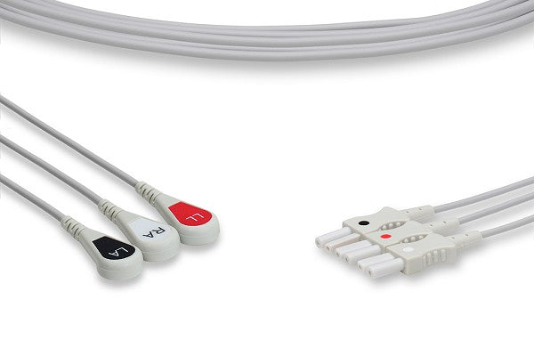 The image displays a 3-lead ECG leadwire set, used for connecting a patient to an electrocardiogram (ECG) monitoring device.