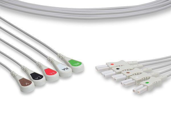 The image shows a set of Spacelabs compatible 5-lead snap ECG leadwires.