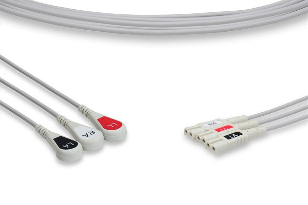 The image displays a 3-lead ECG leadwire set, used for connecting a patient to an electrocardiogram (ECG) monitoring device.