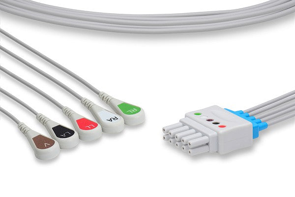 The image displays a 5-lead ECG (Electrocardiogram) cable with pinch/grabber style leadwires