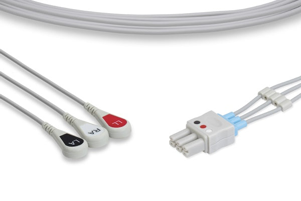 The image displays a 3-lead snap ECG leadwire used for electrocardiogram monitoring.