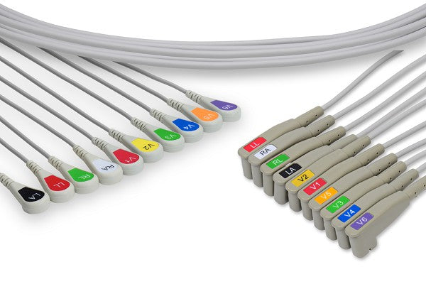 This image displays a set of 10-lead EKG/ECG leadwires, compatible with machines like the Quinton Q710 stress machine.
