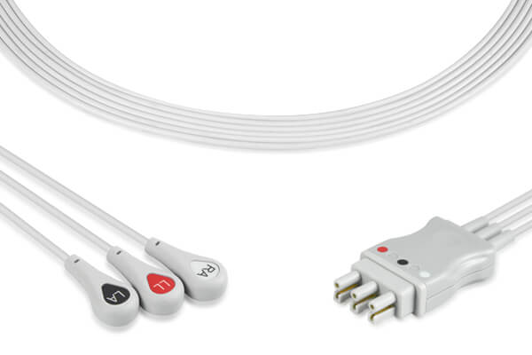 The image shows a 3-lead ECG leadwire with pinch/clip style connectors.