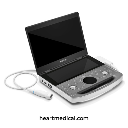Mindray ME8 ultrasound system with high-resolution display, control panel, and probe on medical cart