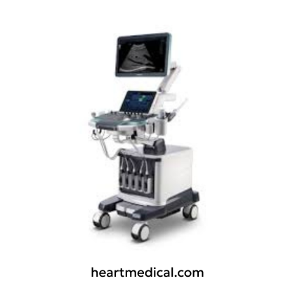 Mindray Resona 7 ultrasound system console with monitor, control panel, and probe in clinic setting