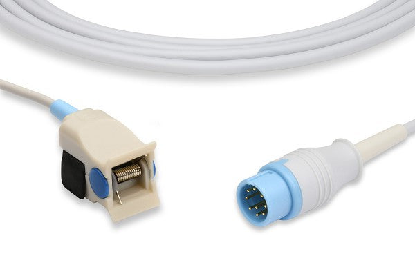 Reusable pediatric clip SpO2 sensor. This medical accessory is used for monitoring blood oxygen saturation levels and typically features.