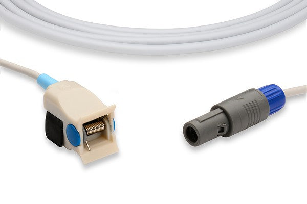 The image shows a reusable pediatric clip-type SpO2 sensor with a direct-connect cable.