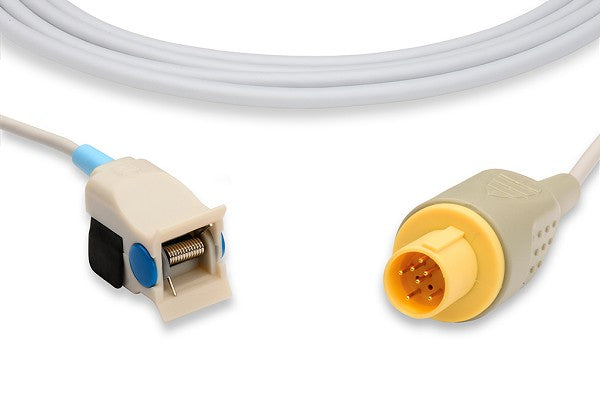 This is a medical SpO2 (blood oxygen saturation) sensor cable with a pediatric clip on one end and a 10-pin Datex-compatible connector on the other.