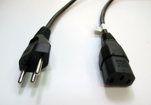 This is an IEC C13 to Type L power cord, typically used for connecting computer equipment to an Italian or other compatible mains power supply