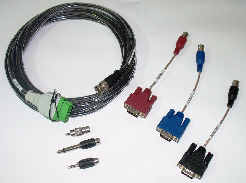 This image displays a VGA to 5 BNC breakout cable kit with various adapters. These cables are used for high-quality analog video transmission between computers, projectors, and professional video equipment