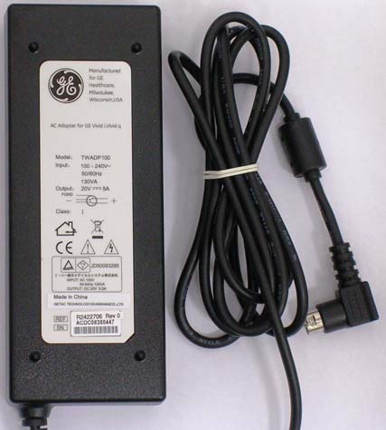 GE Healthcare TWADP100 AC adapter with clamp filter, used for ultrasound systems.