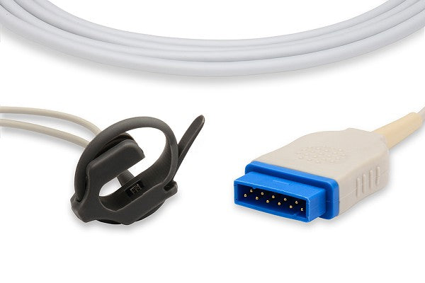 GE TruSignal SpO2 sensor and interconnect cable. These are medical devices used for continuous, non-invasive monitoring of arterial oxygen saturation (SpO2) and pulse rate