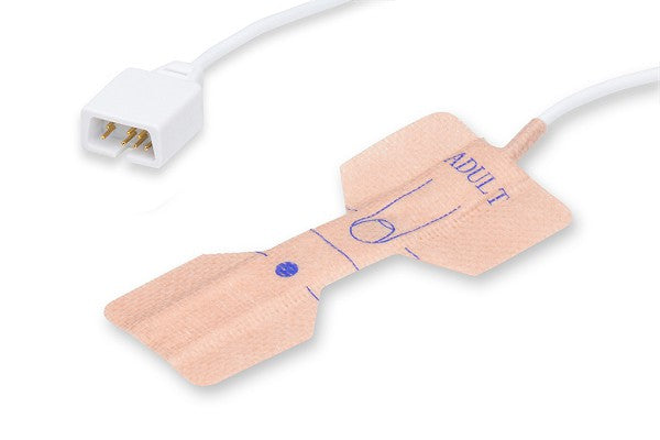 Close-up of a single-use Nellcor adult pulse oximeter (SpO₂) sensor with attached cable and connector.