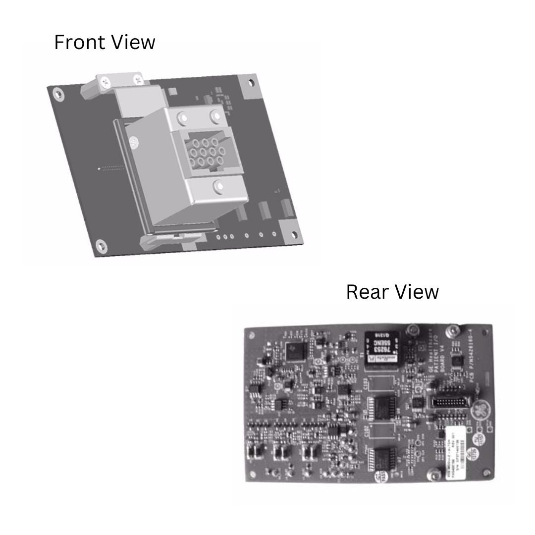 The image shows front and rear views of an electronic printed circuit board (PCB), likely an evaluation module for a specific electronic component.
