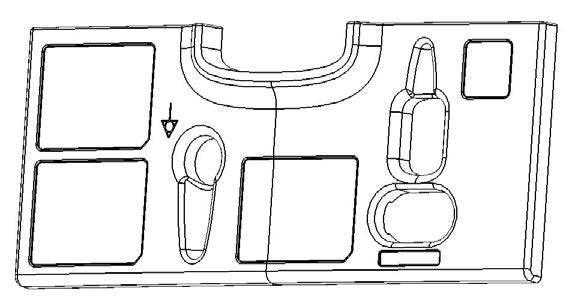 The image appears to be a technical drawing or a design for a molded plastic tray or organizer, possibly a product packaging insert for holding several items. Due to the lack of specific details or context in the image and search results, the exact purpose or product cannot be identified with high confidence.