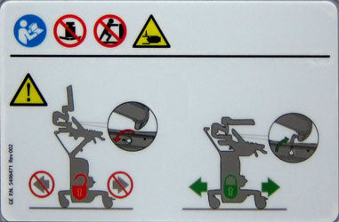 This image is a safety and warning label for lifting equipment, likely a mobile medical device or cart, indicating potential hazards and correct usage procedures