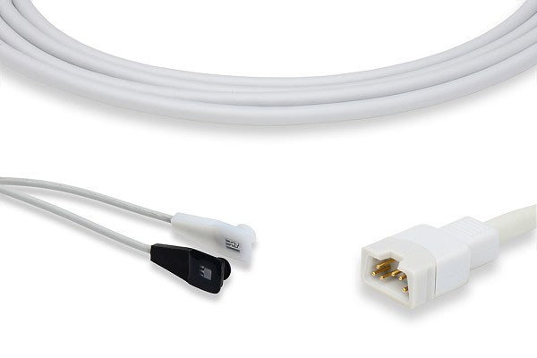 Medical SpO2 (blood oxygen saturation) sensor cable and connectors used with pulse oximeters and patient monitors.