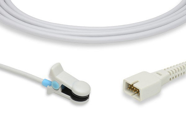 Reusable adult ear clip SpO\u2082 sensor used for pulse oximetry.