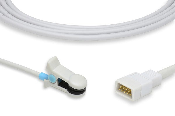 The image shows an adult ear clip SpO2 sensor and cable assembly, which is a medical device used for monitoring blood oxygen saturation.
