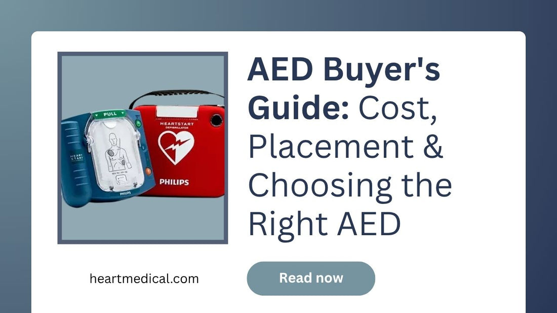 AED Buyer's Guide graphic by Heart Medical featuring a Philips HeartStart defibrillator