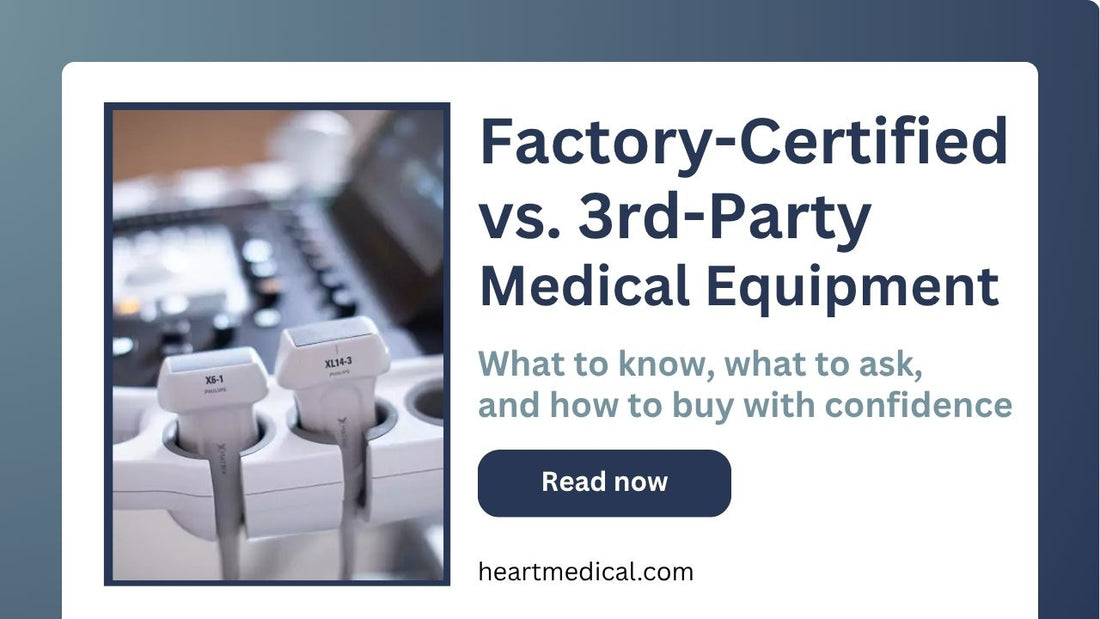 Factory-certified vs. 3rd-party medical equipment blog cover with ultrasound probes.