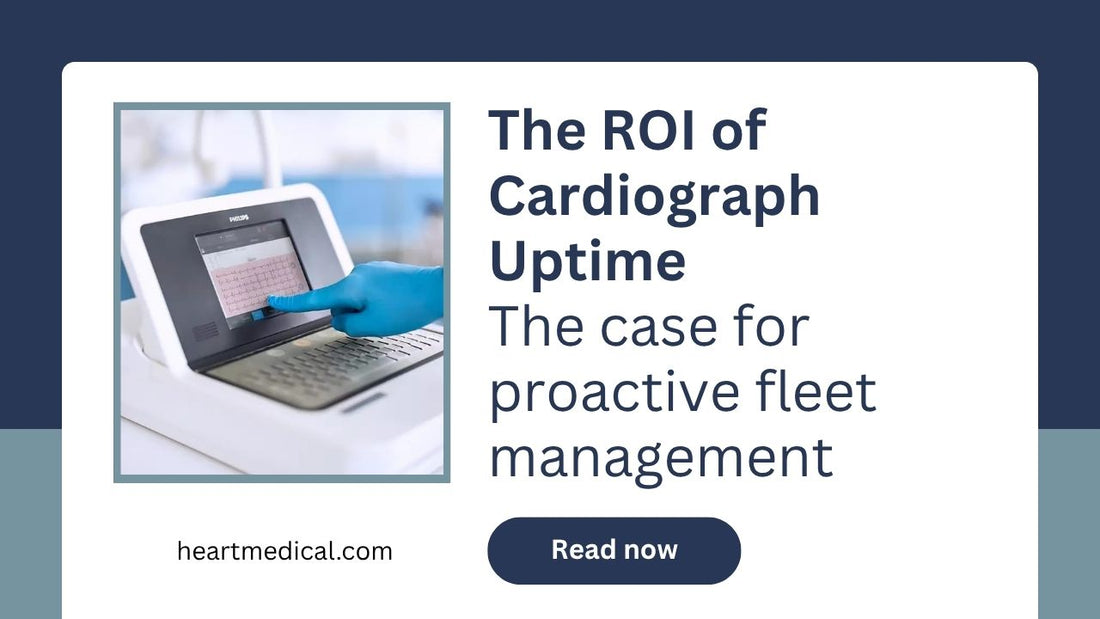Clinician using a Philips cardiograph. Text: "The ROI of Cardiograph Uptime."