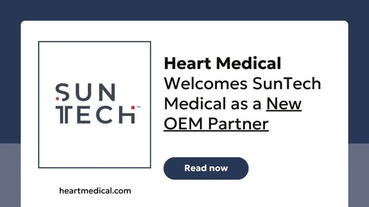 Heart Medical welcomes SunTech Medical as a new OEM partner, featuring SunTech logo and announcement banner.