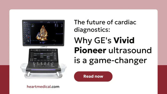 GE Vivid Pioneer AI cardiovascular ultrasound system on a black background