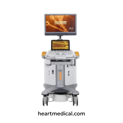 Siemens Healthineers ACUSON S3000 ultrasound system with HD monitor, control panel, and probes on cart in clinic
