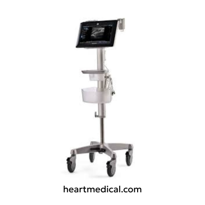 GE Healthcare Venue Fit ultrasound system with touchscreen console and probe on mobile cart in clinic