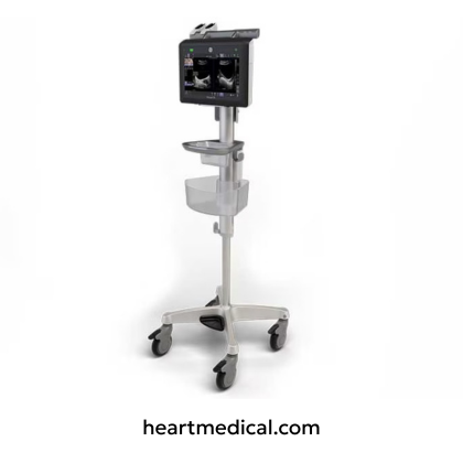 GE Healthcare Venue Fit ultrasound system with touchscreen console and probe on mobile cart in clinic