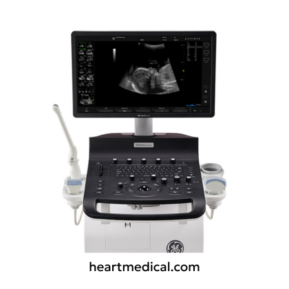 GE Versana Essential Ultrasound Machine cart-based ultrasound system with monitor, control panel, and probes for OB/GYN imaging