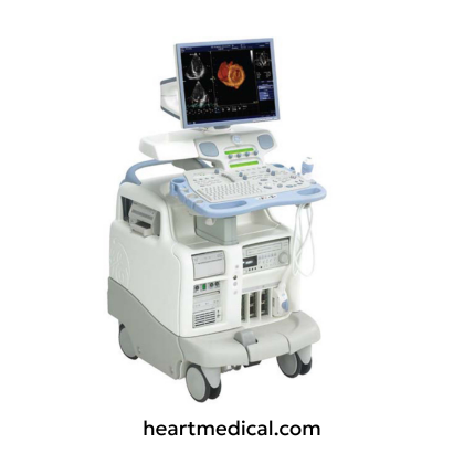 GE HealthCare Vivid 7 ultrasound machine with monitor, control panel, and probes on medical cart in clinic
