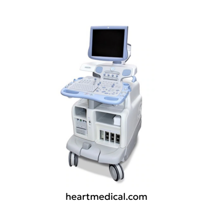 GE HealthCare Vivid 7 ultrasound machine with monitor, control panel, and probes on medical cart in clinic