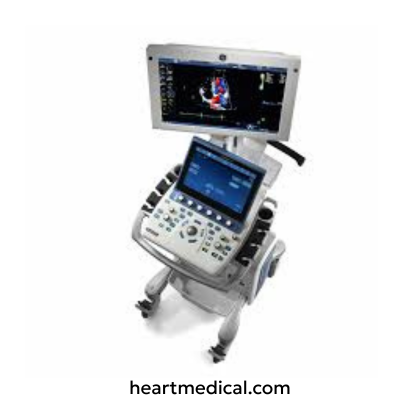 GE Healthcare Vivid S70N ultrasound machine with HD monitor, control panel, and probe on cart in clinic