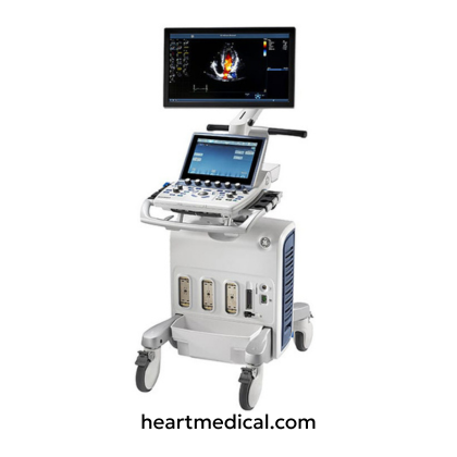 GE Healthcare Vivid S70N ultrasound machine with HD monitor, control panel, and probe on cart in clinic
