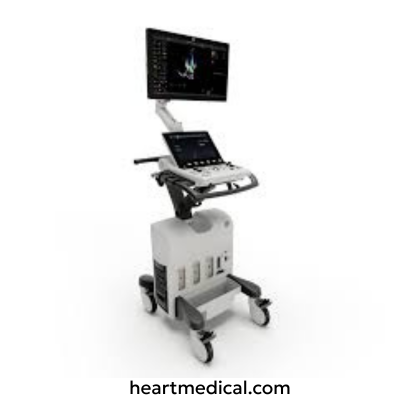 GE Healthcare Vivid S70N ultrasound machine with HD monitor, control panel, and probe on cart in clinic