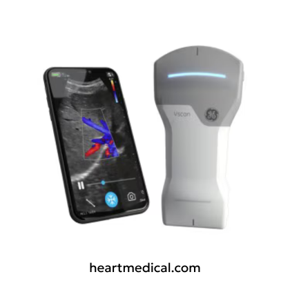 GE Healthcare Vscan Air handheld wireless ultrasound probe with smartphone display in clinical use
