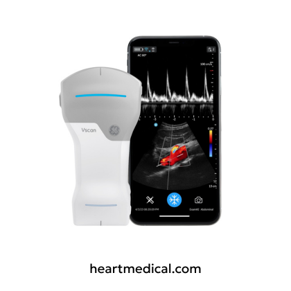 GE Healthcare Vscan Air handheld wireless ultrasound probe with smartphone display in clinical use