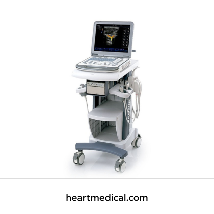 Mindray M6 ultrasound system with display, control panel, and probe on mobile cart in clinic setting