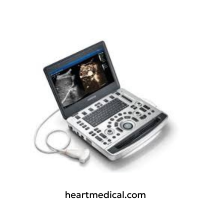 Mindray ME8 ultrasound system with high-resolution display, control panel, and probe on medical cart