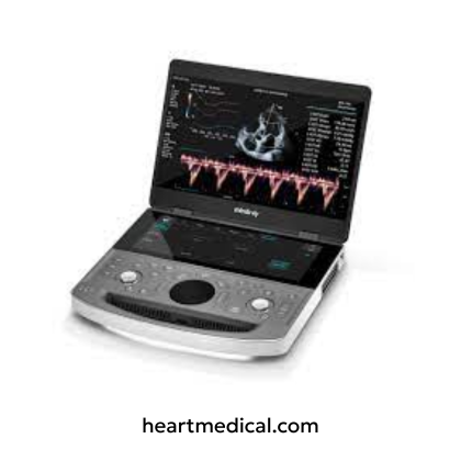 Mindray ME8 ultrasound system with high-resolution display, control panel, and probe on medical cart