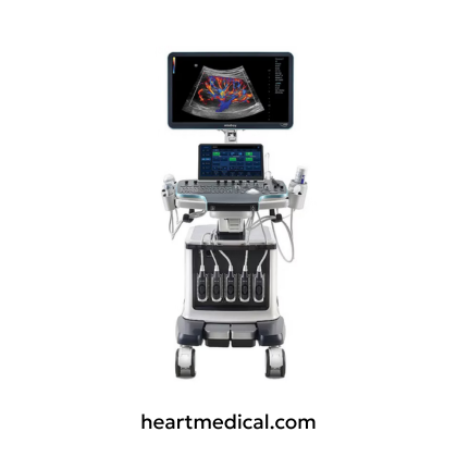 Mindray Resona 7 ultrasound system console with monitor, control panel, and probe in clinic setting